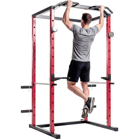SPORTNOW jaula de potencia musculación, rack para sentadillas con barra de dominadas, estación de fondos ajustable en altura, soporte de barra