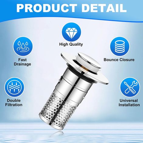 pezzi tappo per vasca da bagno, tappo universale per lavandino da 34-40 mm con filtro, tappo per lavandino a scomparsa, tappo di scarico, accessorio per bagno per vasca da bagno, cucina (1/4)