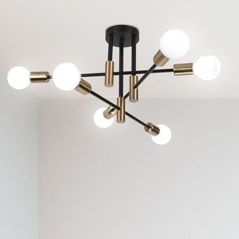 – Plafonnier vintage industriel 6 spots – Métal noir et cuivre – Douilles E27 – Tension 110-240V – Puissance 60W max (1/5)