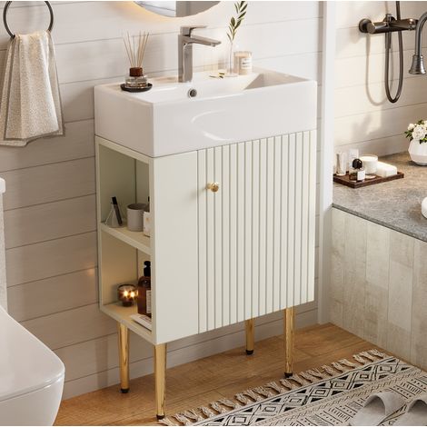 Meuble vasque de salle de bain à poser, motif tridimensionnel, rangement latéral, céramique brillante, blanc, MDF (1/5)