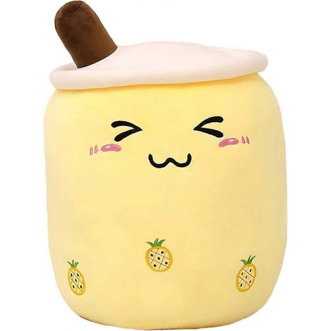 Niedliches Bubble-Tea-Plüschtier, Plüschkissen in Lebensmittelform, Frucht- und Milchtee-Muster, Geschenk für Kinder (Gelb, geschlossene Augen, 35 cm) (1/5)