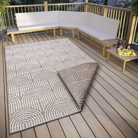 Tapis d'extérieur résistant aux intempéries - Réversible - Style scandinave bohème - Imperméable - Couleur Unie - Motif géométrique 3D - pour Jardin, Balcon, terrasse, Salon - Lin (1/5)
