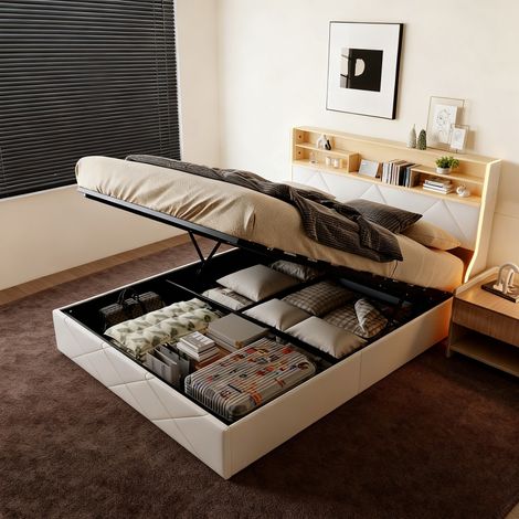 lit coffre160x200 avec sommier, Lit double avec port USB et LED, Lit Adulte , Cadre de Lit pour 2 Personne, blanc, PU
