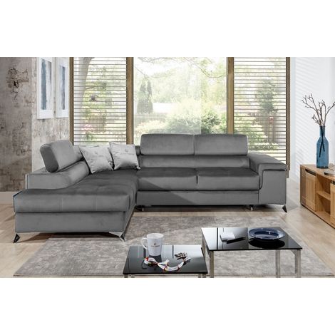 Canapé d'angle convertible - ERWAN - en tissu luxe 5 places, gris, angle gauche (vu de face) (1/5)