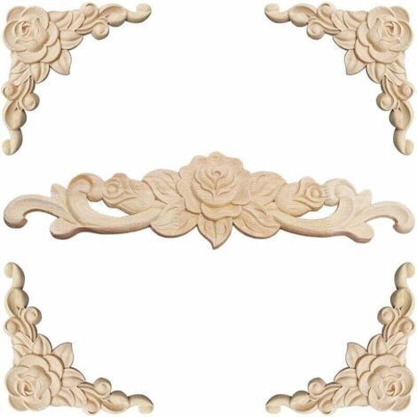 Pair Moulure Decorative Bois 5 Pièces Sculpture Bois Moulure Décorative Bois Applique Moulure Rosace Decorative Floral Bois Sculpte Decal Sculpté d'angle Decoratif pour Décoration Meuble