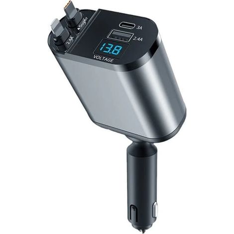 Chargeur de voiture à double câble USB rétractable avec voltmètre et prise en charge de la charge rapide 4 en 1, adaptateur allume-cigare avec port USB A PD, intelligent (1/5)