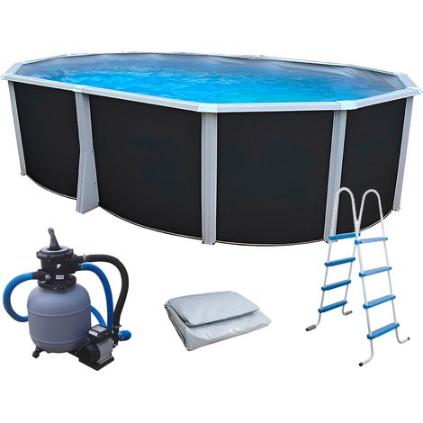 Piscine hors sol acier ovale 550x366x132cm – Parois anti-corrosion 0,40mm – Filtration à sable 3,6m³/h – Capacité 21.500L – Liner gris – TOI (1/5)
