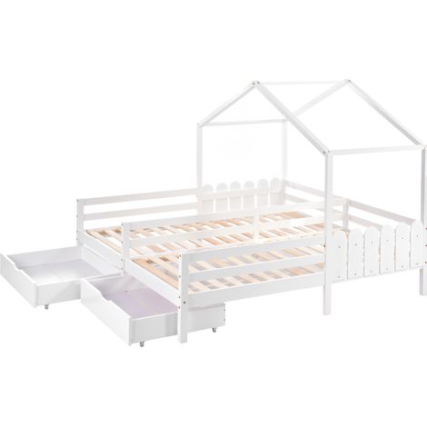 Letto casetta doppio per bambini bianco 200 x 90 cm con 2 cassetti MDF e rete a doghe in pino (1/5)
