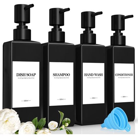 Lot de 4 Noir Flacon Pompe Vide, 500ml Distributeur Gel Douche, Plastique Distributeur Shampoing et Gel Douche avec Entonnoir et étiquette Imperméable pour la Cuisine, la Salle de Bain (1/5)