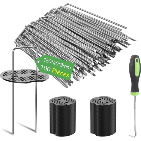 100Pcs 15cm Piquets de Jardin Ø 3mm avec 100Pcs de Joint - Agrafes en Acier Galvanisé pour Fixer Toiles Anti-Mauvaises Herbes, Filets et Les Tubes avec 1 Crochet de Ramassage (1/5)