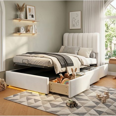 MODFU – Letto per bambini 90x200 cm in velluto beige con contenitore idraulico, 3 cassetti, LED e salvaspazio – Beige (1/5)