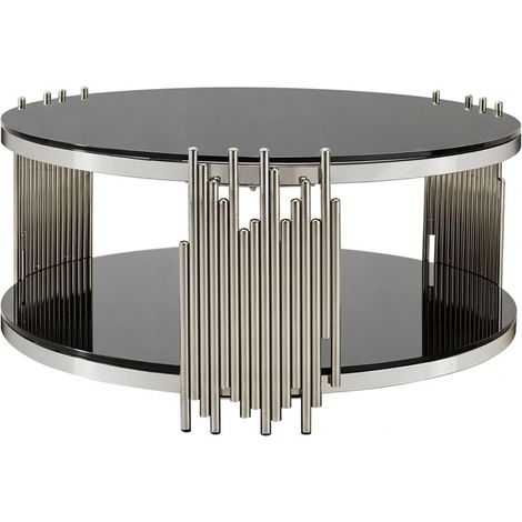 80cm Table basse moderne en verre noir, table de salon de luxe avec double plateau en verre, table ronde avec base en acier argenté, table d’appoint pour canapé avec plateau circulaire en verre, table