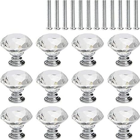 12 Pcs Bouton de Meuble Cristal, Poignée Bouton de Porte Placard Meuble Tiroir, Diamant de Verre Cristal Transparent, Base en Argent