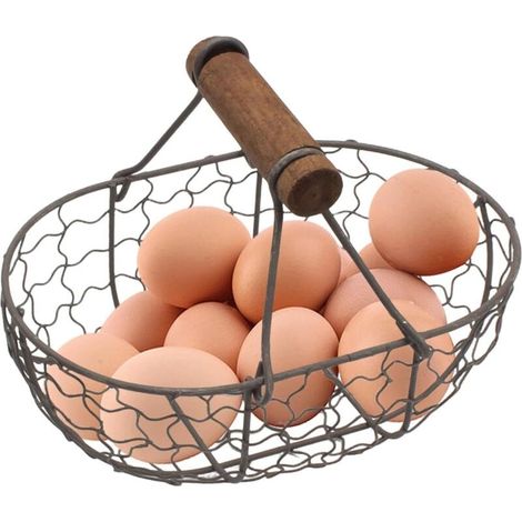 Panier de rangement pour œufs de poule en fer - Panier à œufs rustique avec poignée en bois - Panier de rangement de pique-nique avec motif ferme - Pour 12 œufs - Pour cuisine et salle à manger (1/5)