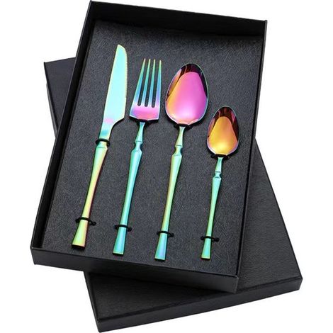 Juego de cubiertos de acero inoxidable de 4 piezas, Incluye cuchillo de mantequilla, tenedor y cuchara, Navidad y restaurantes, Color dorado (1/5)