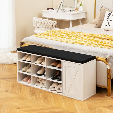 Banc à Chaussures avec Coussin Rembourré Étagère à Chaussures 3 Niveaux avec Étagères Ajustables Ouvre-porte Blanc (1/3)