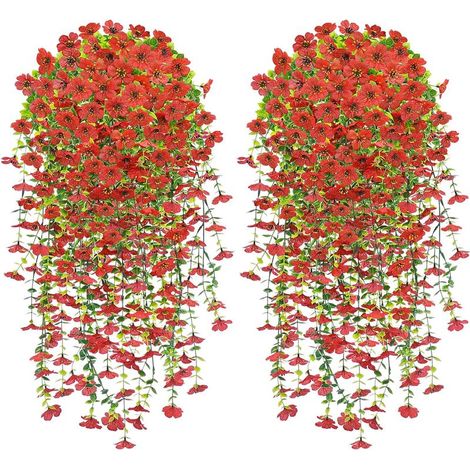 Fleur Artificielle Suspendue, 4 PCS Fleur Artificielle Extérieur, 76CM Plantes Suspendues de Simulation, Fleurs Artificielles Tombante de Mariage pour Balcon Jardin et Patio d'Extérieur, Rouge (1/5)
