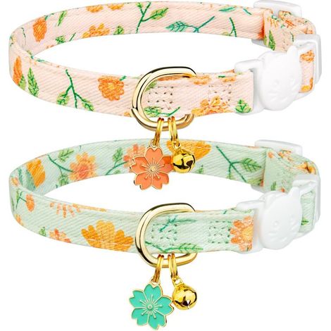 Lot de 2 colliers en coton pour chat avec pendentif fleur beige et verte, joli collier avec clochette, idéal pour les chats femelles et mâles. (1/5)
