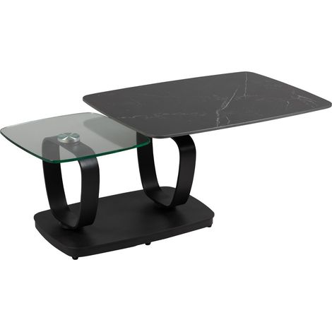 VASSILI - Table Basse Plateaux Céramique Effet Marbré Noir Amovible et Verre Fumé (1/2)