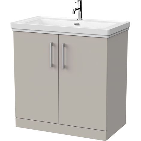 Pershall Contemporary Floor Standing 2 Door Vanity Unit with Traditional 1 Tap Hole Fireclay Basin, 800mm, Pebble Grey