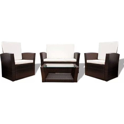 Salon de jardin 4 pièces résine tressée marron et coussins blanc Kim 3 (1/5)