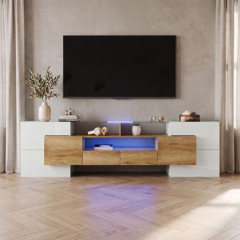 Meuble TV 200 cm avec Éclairage LED et 6 Portes, Style Moderne, Blanc et Bois (1/5)
