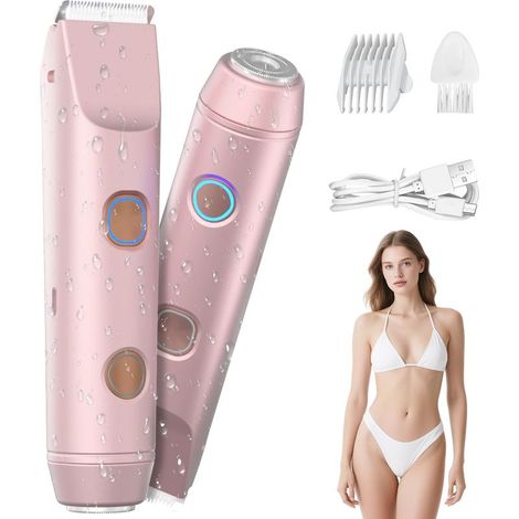 Tondeuse de bikini 2 en 1 pour femme – Rasoir électrique et rasoir pour poils corporels avec double têtes, étanche IP67, batterie sans fil de 60 minutes ( 1 mois), rechargeable par USB-C (1/5)