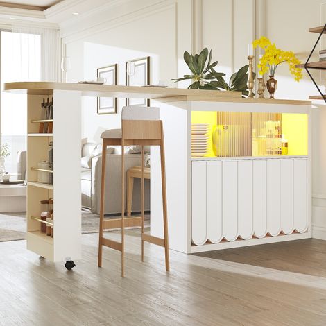 Table de bar extensible 135-205×39×100cm LED,rangement intégré,portes à rayures minimalistes,design moderne finition blanche. (1/5)