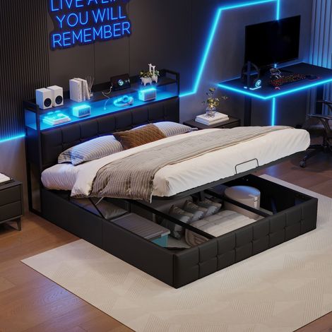 Lit 140x190 avec sommier,lit 2 personnes avec Rangement,Lit coffre,lit double rembourré avec LED et USB,Lit adulte,Lit ado,PU,Noir (1/5)