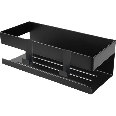 Estantería de baño de pared, estante de almacenamiento de acero inoxidable, estante de baño sin taladrar con ganchos, color negro. (1/5)