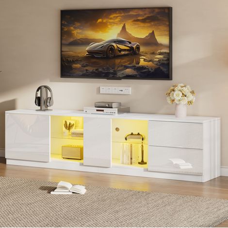 Mueble TV 160 x 40 x 52 cm, LED, 2 cajones, 1 puerta, MDF blanco alto brillo, para TV 65" DESVIAE (1/5)