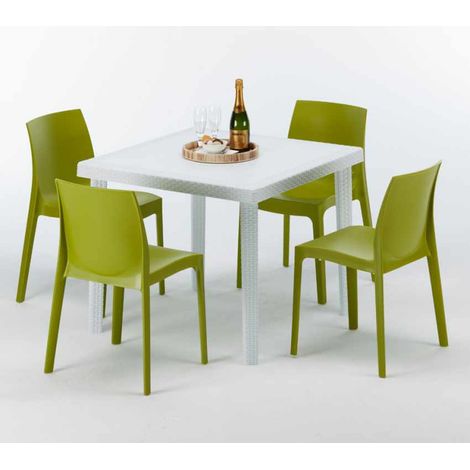 Tavolino Quadrato Bianco 90x90 cm con 4 Sedie Colorate Rome Love - Verde Anice