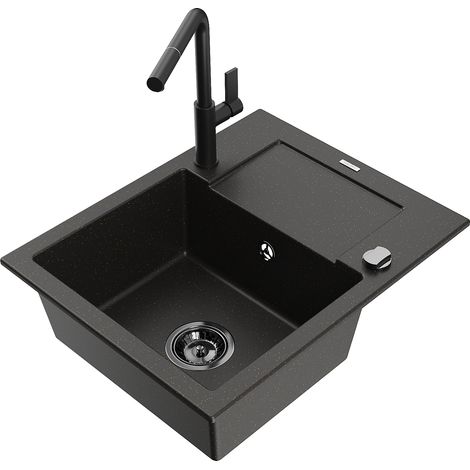 Mexen Enzo lavello in granito a 1 vasca con gocciolatoio e miscelatore cucina Flora, nero/oro metallizzato - 6506-75-670401-70-B (1/5)