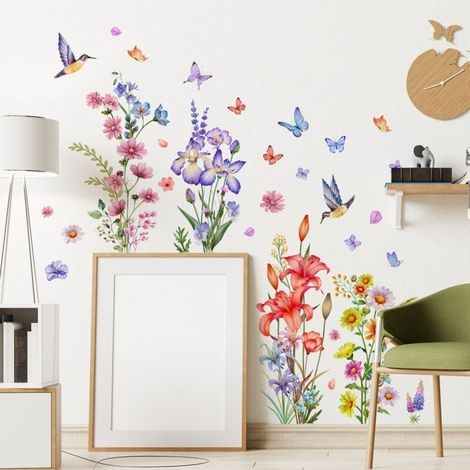 Bunte Blumen-Wandtattoos, Gartenblumen-Wandaufkleber, Pflanzen-, Schmetterlings-, Blumen- und Vogel-Wanddekoration für Wohnzimmer, Schlafzimmer, Büro und Zuhause (1/4)