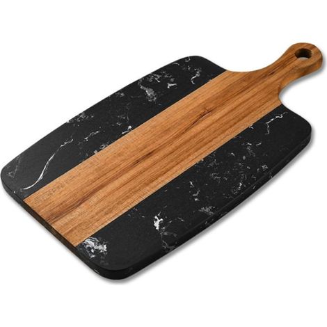 Tagliere in acacia e marmo, antiscivolo, ampia superficie per tagliare e affettare, design elegante con cuciture marmorizzate, perfetto per salumi (marmo nero)