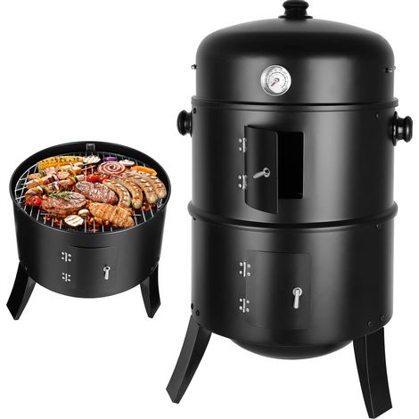 TLGREEN Räucherofen, 3-in-1 Smoker Grill Holzkohlegrill, Räuchertonne Ø44,5 80 cm, inkl. Regulierbar Luftabzug und Thermometer, Wasserschale, 2 Grillrost(φ 37,5 cm), für Räuchern, Grillen & Garen (1/5)