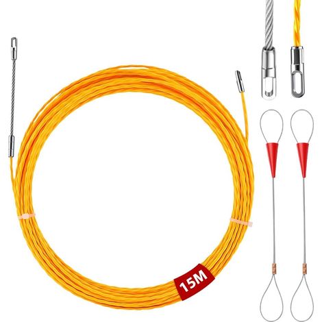 Aiguille Electricien, 15m Tire Fils Electrique 3mm Diamètre avec 2 Tête Flexible de Guidage, Aiguille Passe Cable, Fish Tape Cable avec 2 Ressorts de Guidage pour la Pose de Câbles (Jaune) (1/5)