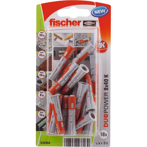 Fischer – Blister de 18 chevilles d'expansion DuoPower Ø8x40mm – Pour béton armé – Fixation rapide et efficace – Résistance accrue