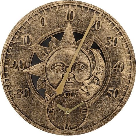 Thermomètre Extérieur Horloge Vintage Murale Horloge De Station De Décoration Rétro Suspendu Horloge Motif Soleil Lune Étanche Extérieur Ou Intérieur, Piscine, Clôture, Patio (1/5)