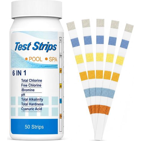 50 Pièces Bandelettes de Test Piscine 6 en 1, Analyse Rapide du Ph, Chlore Libre et Total, Alcalinité, Dureté, Acide Cyanurique pour Eau de Piscine, Spa, Jacuzzi, Aquarium et Bassin Aquatique (1/5)