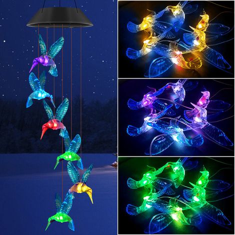Hummingbird Solar Wind Chimes, Waterproof LED Wind Chime for Outdoor Garden (1/5)