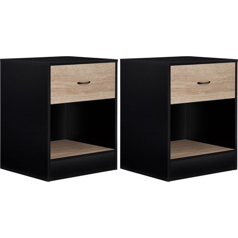 Idmarket – Lot de 2 tables de chevet 1 tiroir – Bois noir et tiroir façon hêtre – Dimensions 40x34,5x50 cm – Design contemporain et élégant