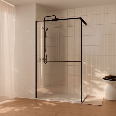 paroi de douche 120x200cm - cadre et étagère noir mat - verre 8mm anticalcaire - ethan (1/5)
