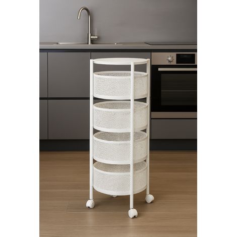 Resserre 4 paniers rotatifs sur roues en acier blanc  H 75 cm x D 30 cm  Etagère de rangement cuisine, salle de bain, bureau.. - Livraison gratuite