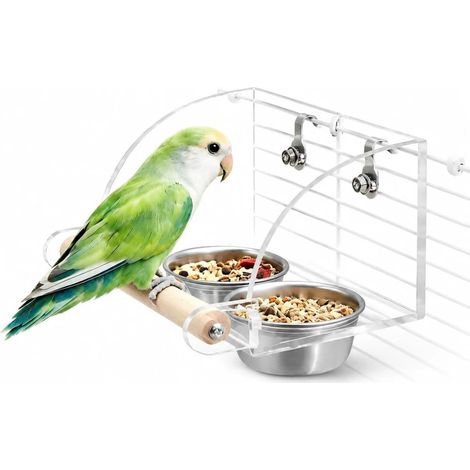 Mangeoire Double pour Oiseaux, Bols en Acier Inoxydable avec Support Transparent en Acrylique et Perchoir en Bois, Gamelles pour Cage à Perruches, Calopsittes, Cockatiels et Petits Rongeurs (1/5)