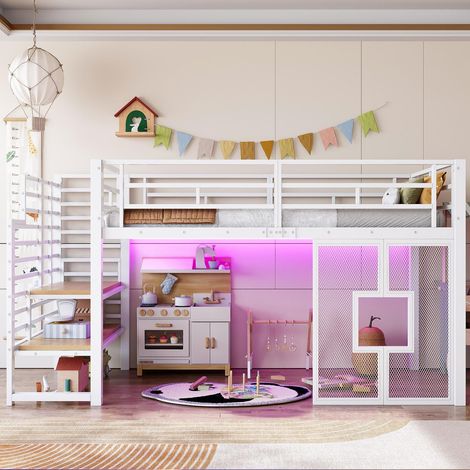 Lit mezzanine enfant 90x200 cm, Lit cabane avec escalier de rangement et fenêtres, avec ruban LED pour chambre d'enfant, Blanc (1/5)