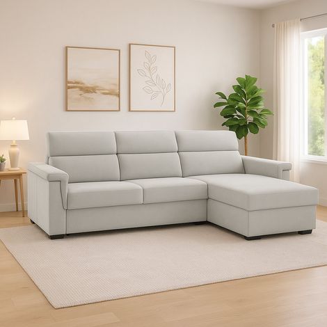 Sofá Fijo con Chaise Longue Cintano, Desenfundable, Hidrófugo, Hecho en Italia, Lavable, 285x160 cm Gris Claro (1/4)