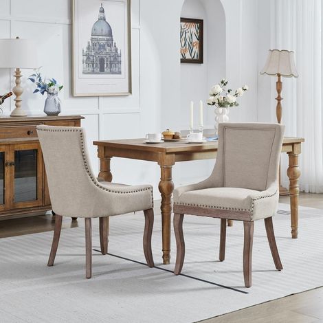 Lot de 2 chaises de salle à manger, tissu chenille, dossier haut capitonné, pieds en bois, beige (1/5)