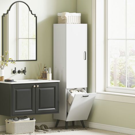 Armoire de salle de bain haute avec portes et étagères, panier à linge pour petits espaces, 35 x 31,5 x 144 cm, blanche