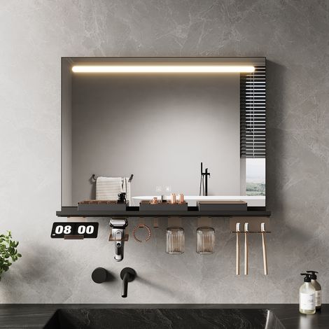 SONNI 800x600 Badspiegel mit LED Beleuchtung, Antibeschlag, Ablage, Dimmbare 3-Farben Beleuchtung und Touch-Schalter